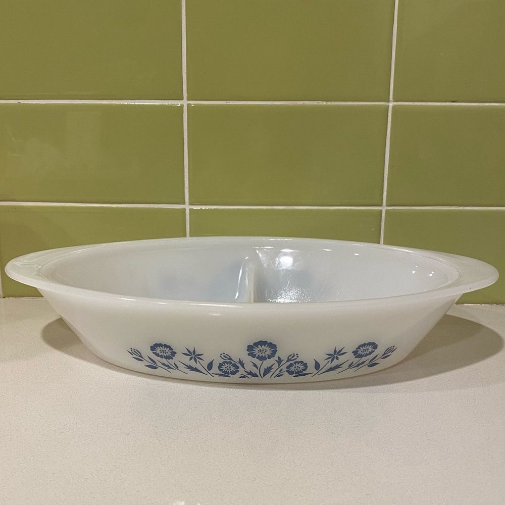 Vintage “Blue Cornflower” Divided Casserole Dish – Mid-Century